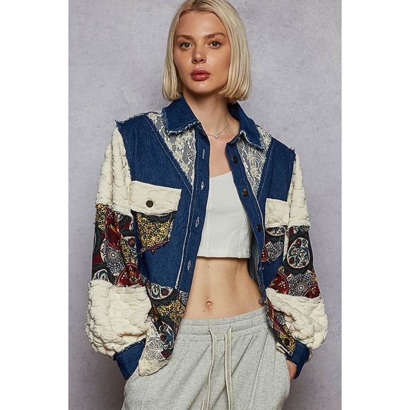 NEW POL Denim Blue Balloon Sleeve Patchwork Jacket Boho Lace Back Size Large - Picture 3 of 7